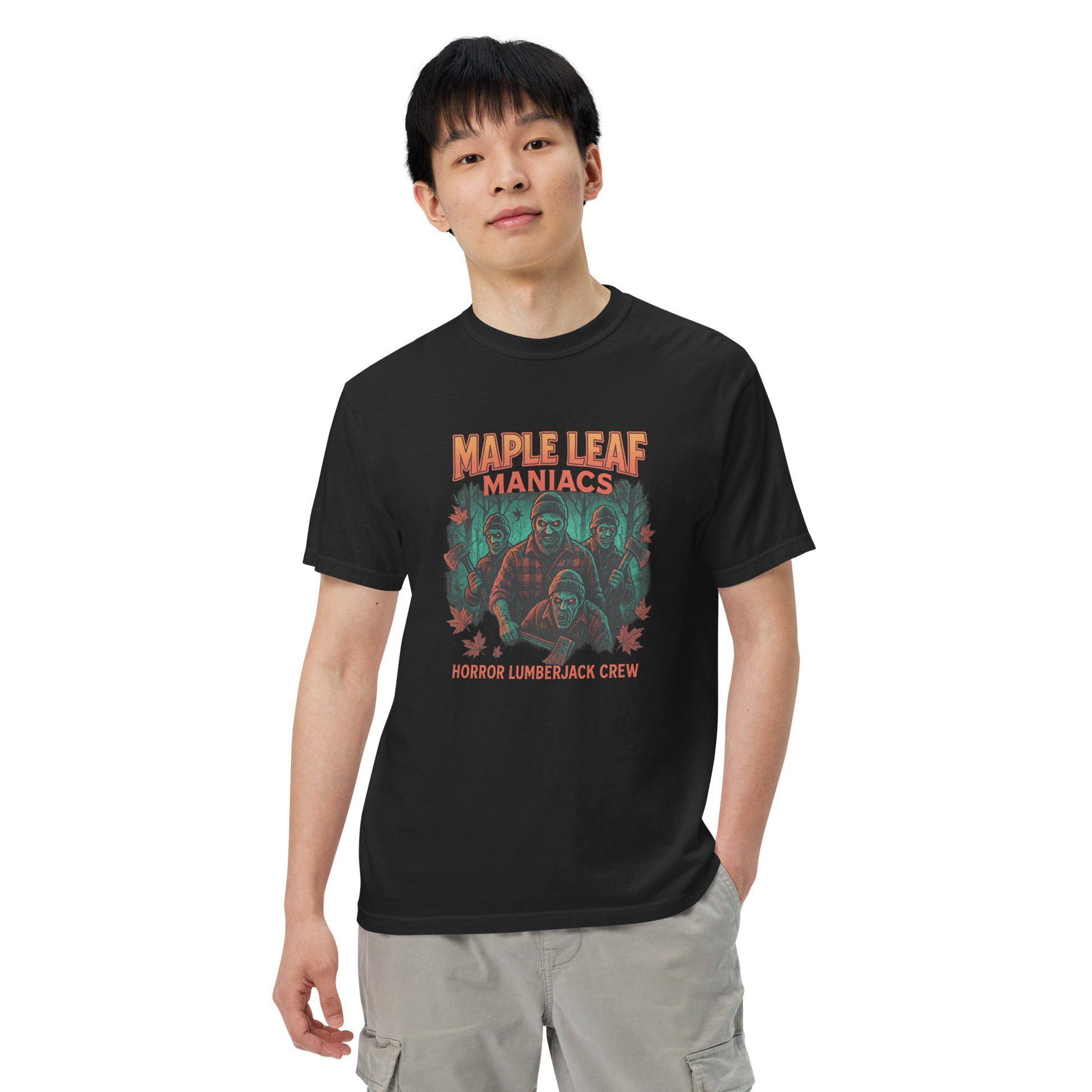 Maple Leaf Maniacs Horror Lumberjack Crew Unisex garment-dyed heavyweight t-shirt  from Rare Plus Apparel – unique movie & pop culture inspired design.