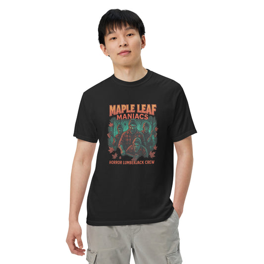 Maple Leaf Maniacs Horror Lumberjack Crew Unisex garment-dyed heavyweight t-shirt  from Rare Plus Apparel – unique movie & pop culture inspired design.