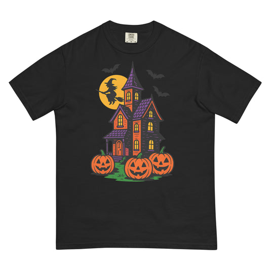 Haunted Halloween House Unisex garment-dyed heavyweight t-shirt  from Rare Plus Apparel – unique movie & pop culture inspired design.