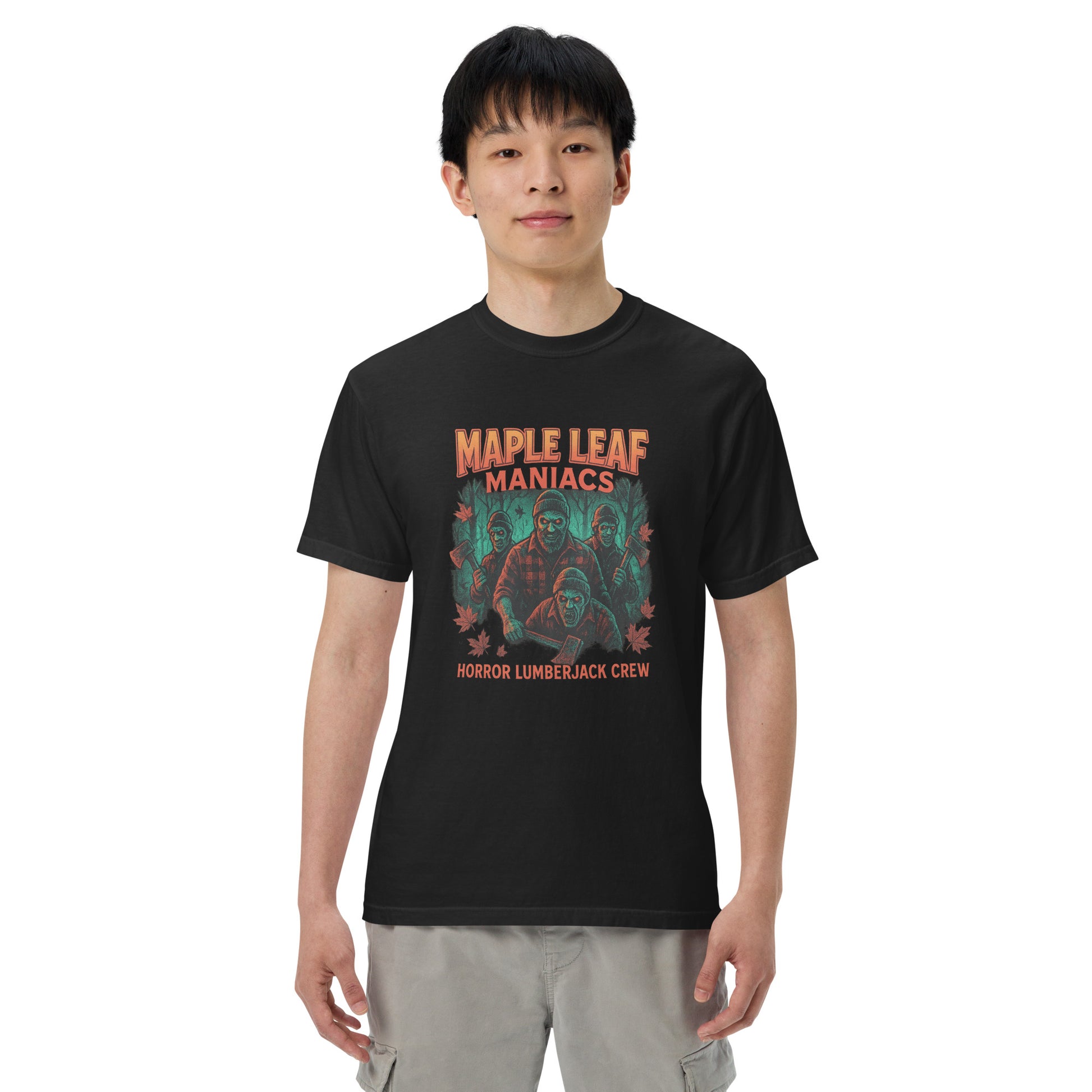 Maple Leaf Maniacs Horror Lumberjack Crew Unisex garment-dyed heavyweight t-shirt  from Rare Plus Apparel – unique movie & pop culture inspired design.