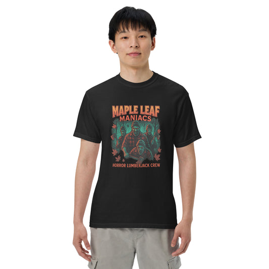 Maple Leaf Maniacs Horror Lumberjack Crew Unisex garment-dyed heavyweight t-shirt  from Rare Plus Apparel – unique movie & pop culture inspired design.