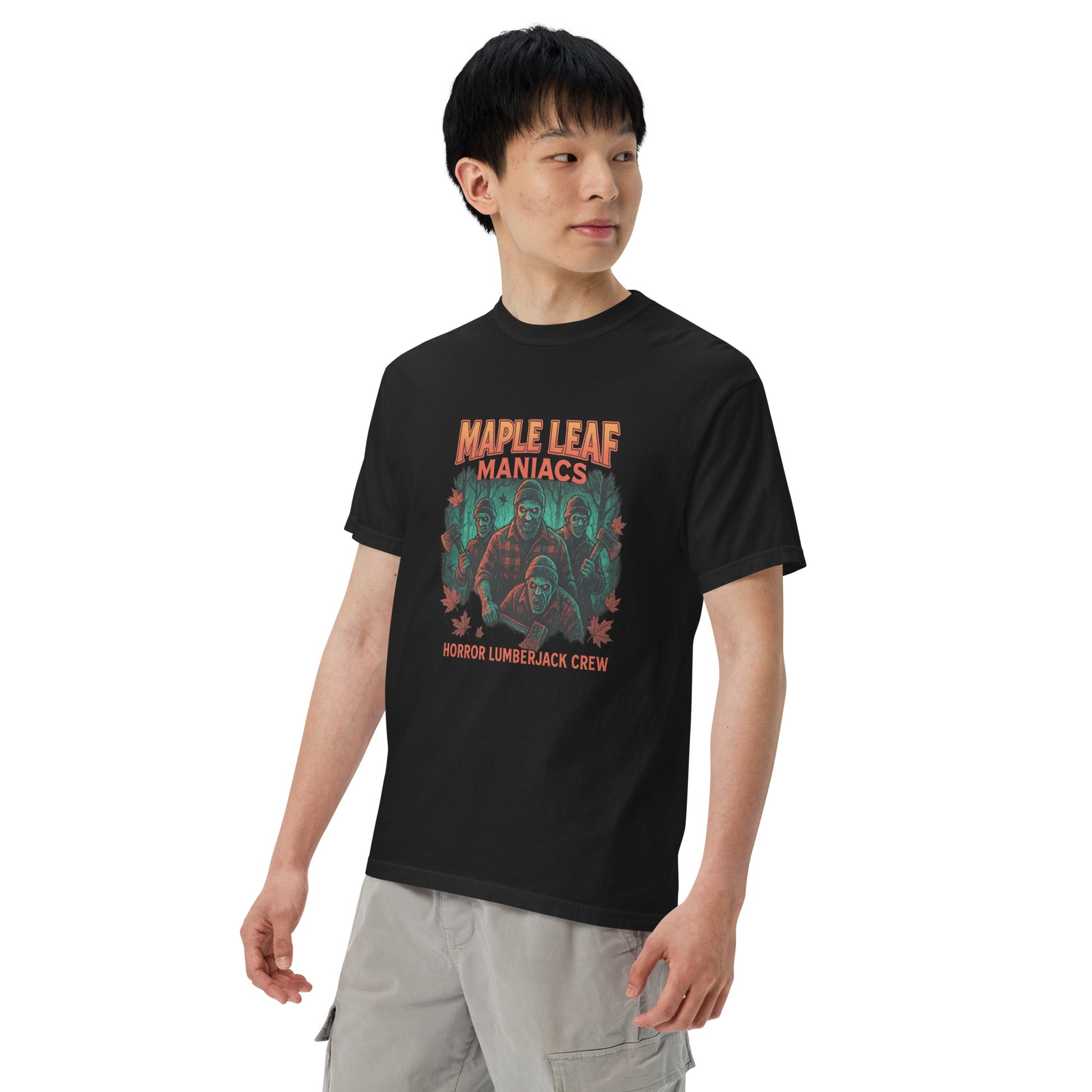 Maple Leaf Maniacs Horror Lumberjack Crew Unisex garment-dyed heavyweight t-shirt  from Rare Plus Apparel – unique movie & pop culture inspired design.