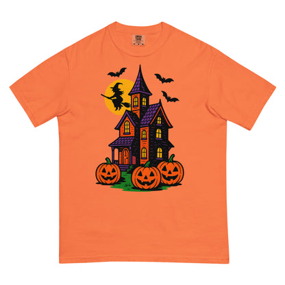 Haunted Halloween House Unisex garment-dyed heavyweight t-shirt  from Rare Plus Apparel – unique movie & pop culture inspired design.