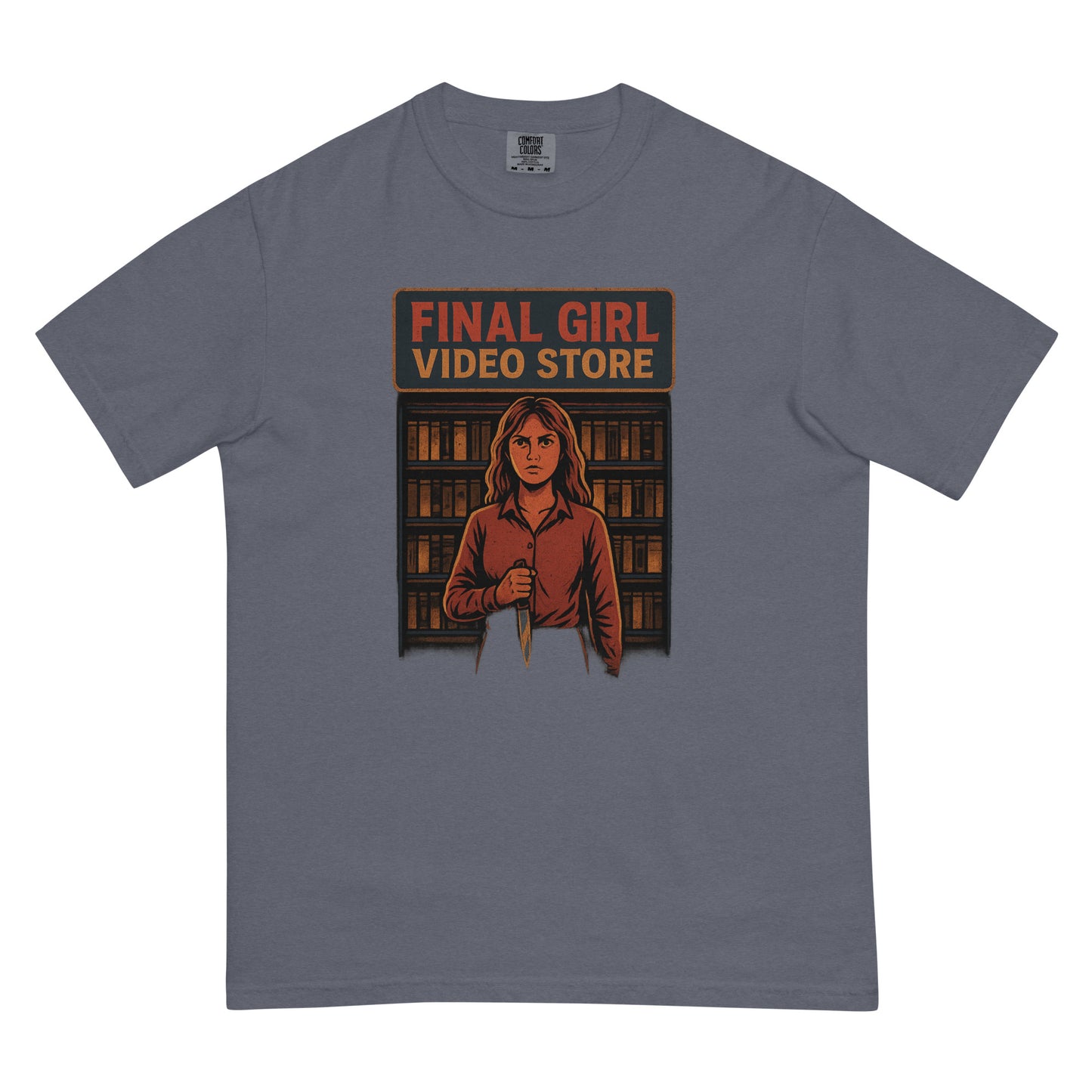 Final Girl Video Store Unisex garment-dyed heavyweight t-shirt  from Rare Plus Apparel – unique movie & pop culture inspired design.
