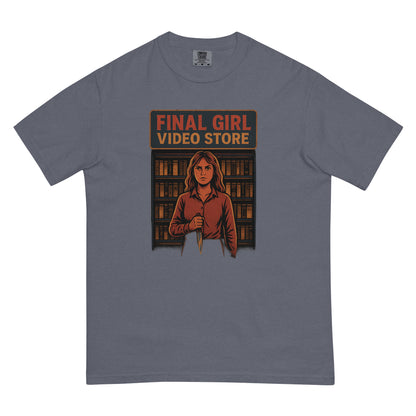 Final Girl Video Store Unisex garment-dyed heavyweight t-shirt  from Rare Plus Apparel – unique movie & pop culture inspired design.