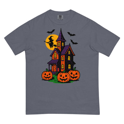 Haunted Halloween House Unisex garment-dyed heavyweight t-shirt  from Rare Plus Apparel – unique movie & pop culture inspired design.