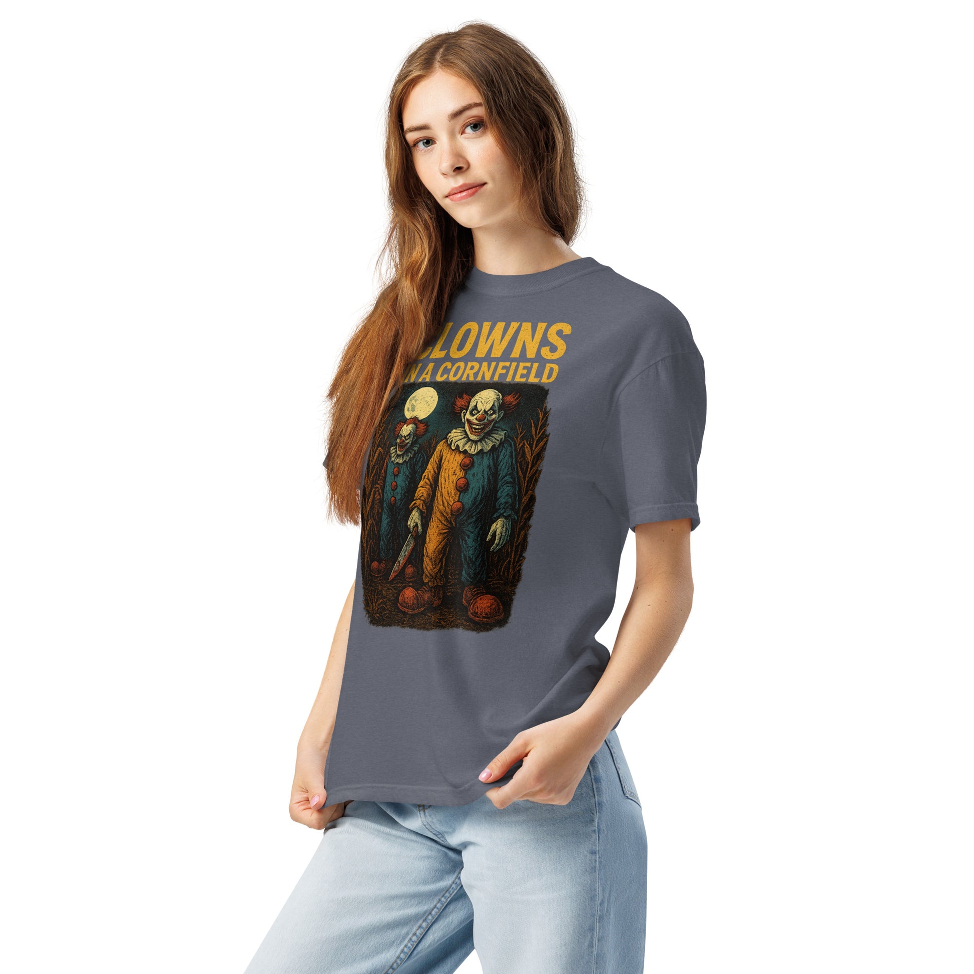 Clowns in a Cornfield Unisex garment-dyed heavyweight t-shirt  from Rare Plus Apparel – unique movie & pop culture inspired design.