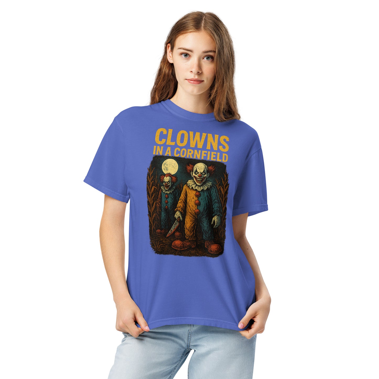 Clowns in a Cornfield Unisex garment-dyed heavyweight t-shirt  from Rare Plus Apparel – unique movie & pop culture inspired design.