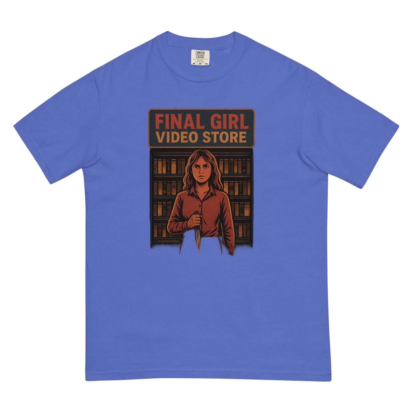 Final Girl Video Store Unisex garment-dyed heavyweight t-shirt  from Rare Plus Apparel – unique movie & pop culture inspired design.