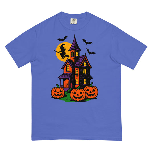Haunted Halloween House Unisex garment-dyed heavyweight t-shirt  from Rare Plus Apparel – unique movie & pop culture inspired design.