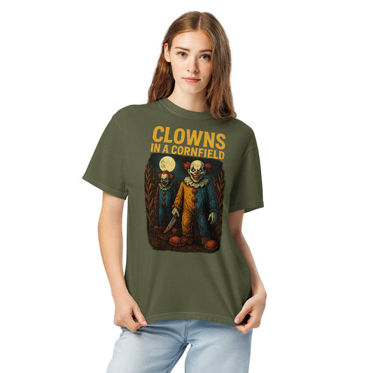 Clowns in a Cornfield Unisex garment-dyed heavyweight t-shirt  from Rare Plus Apparel – unique movie & pop culture inspired design.