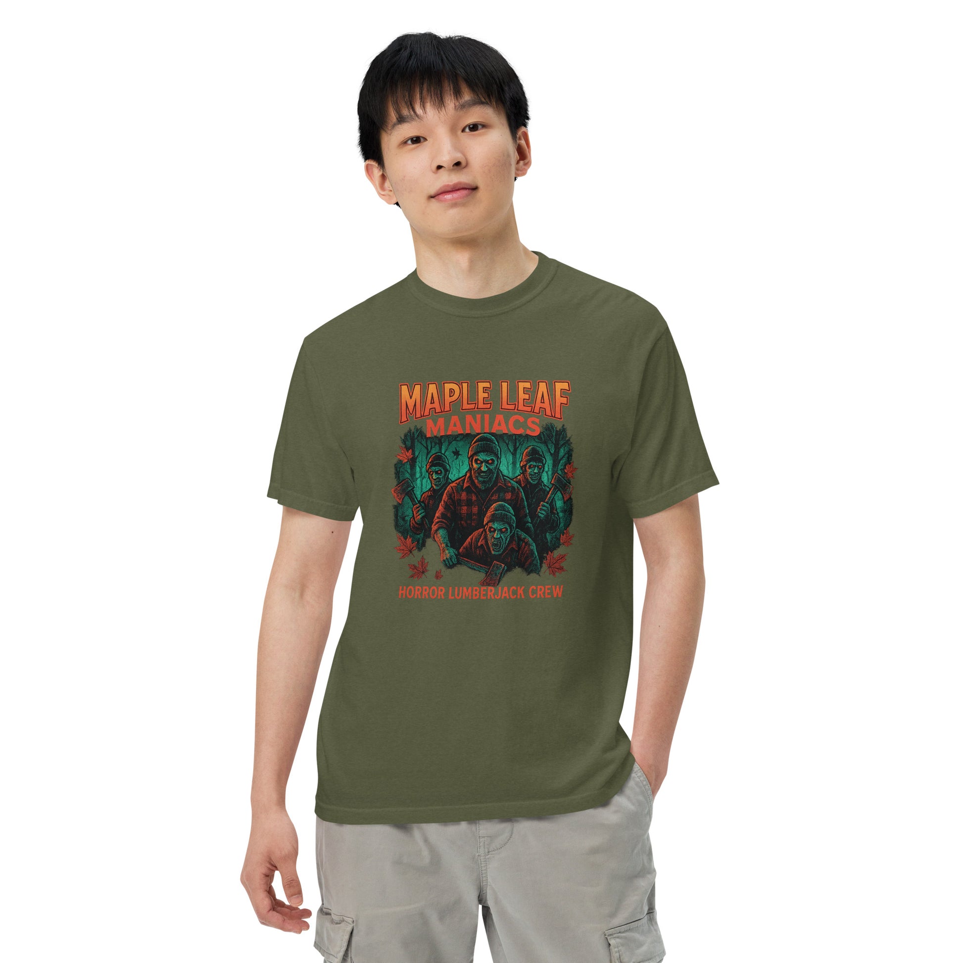 Maple Leaf Maniacs Horror Lumberjack Crew Unisex garment-dyed heavyweight t-shirt  from Rare Plus Apparel – unique movie & pop culture inspired design.