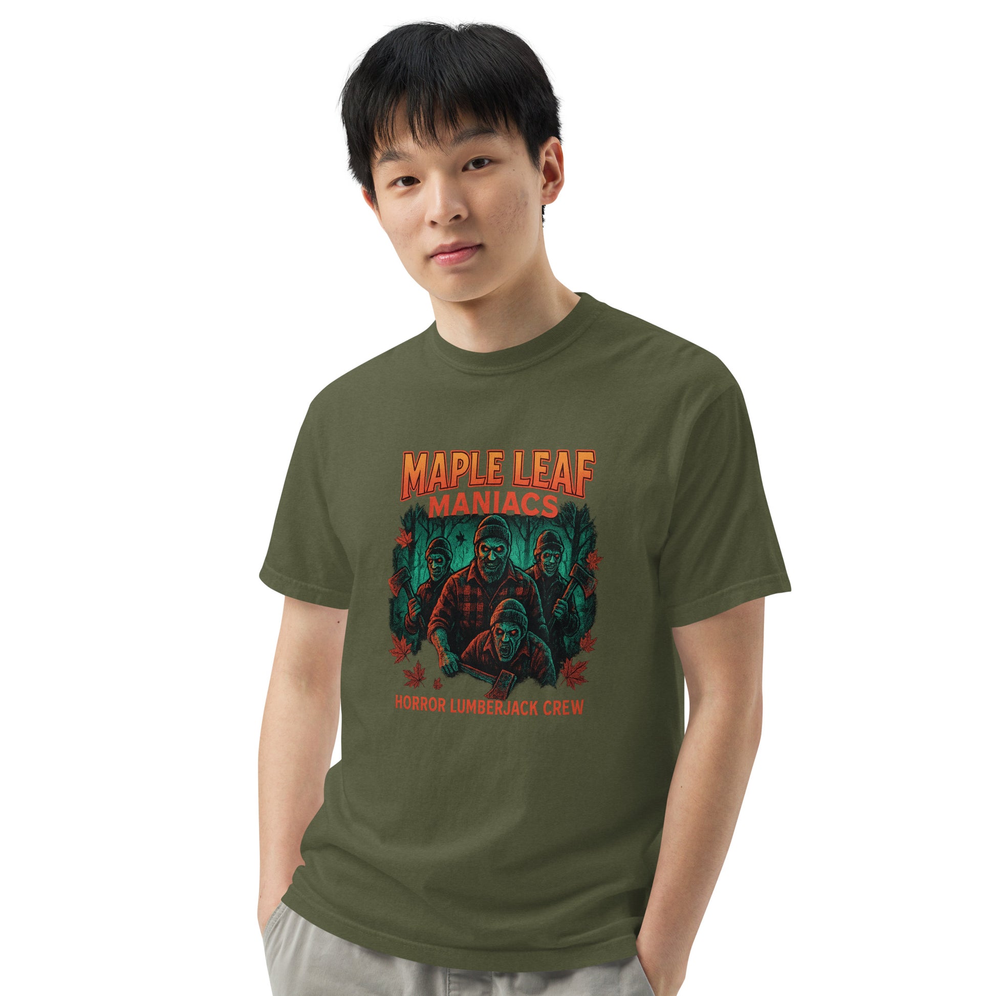 Maple Leaf Maniacs Horror Lumberjack Crew Unisex garment-dyed heavyweight t-shirt  from Rare Plus Apparel – unique movie & pop culture inspired design.