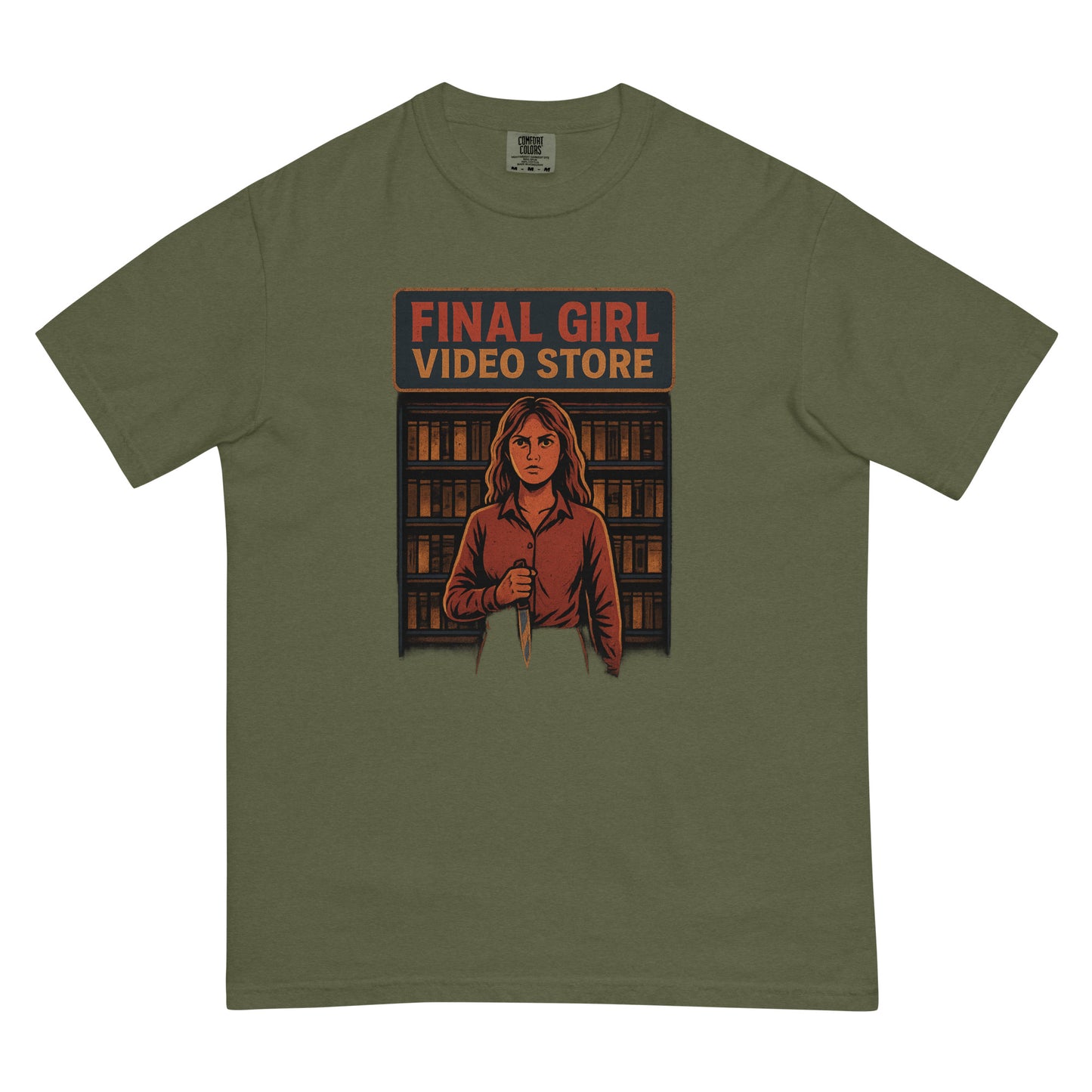 Final Girl Video Store Unisex garment-dyed heavyweight t-shirt  from Rare Plus Apparel – unique movie & pop culture inspired design.