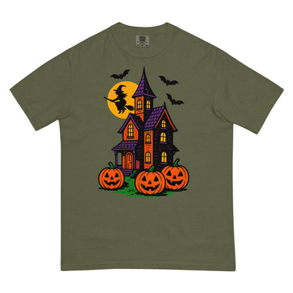 Haunted Halloween House Unisex garment-dyed heavyweight t-shirt  from Rare Plus Apparel – unique movie & pop culture inspired design.