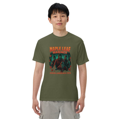 Maple Leaf Maniacs Horror Lumberjack Crew Unisex garment-dyed heavyweight t-shirt  from Rare Plus Apparel – unique movie & pop culture inspired design.