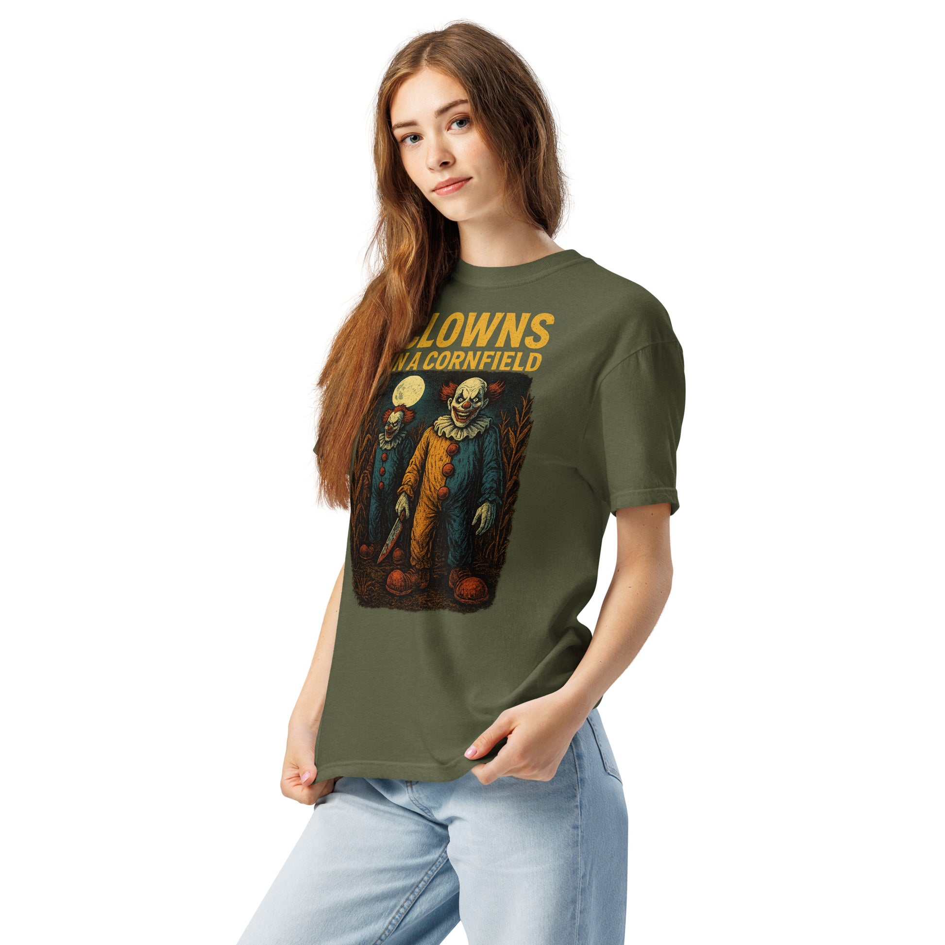 Clowns in a Cornfield Unisex garment-dyed heavyweight t-shirt  from Rare Plus Apparel – unique movie & pop culture inspired design.