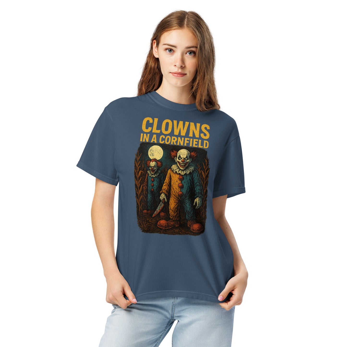 Clowns in a Cornfield Unisex garment-dyed heavyweight t-shirt  from Rare Plus Apparel – unique movie & pop culture inspired design.
