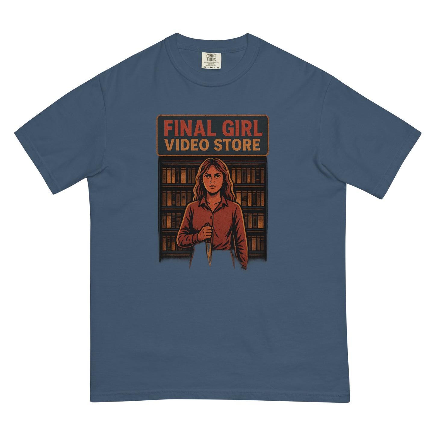 Final Girl Video Store Unisex garment-dyed heavyweight t-shirt  from Rare Plus Apparel – unique movie & pop culture inspired design.