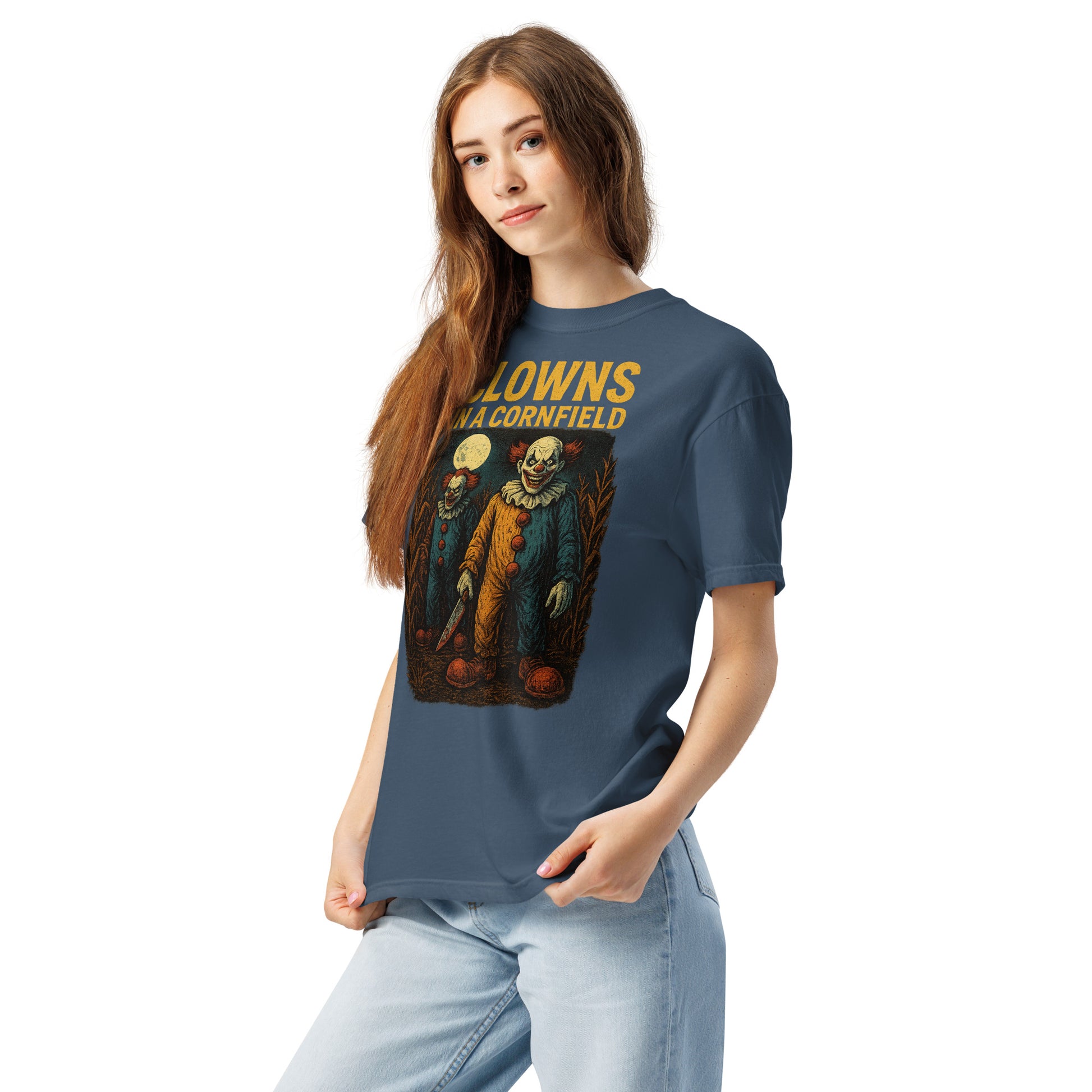 Clowns in a Cornfield Unisex garment-dyed heavyweight t-shirt  from Rare Plus Apparel – unique movie & pop culture inspired design.