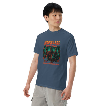 Maple Leaf Maniacs Horror Lumberjack Crew Unisex garment-dyed heavyweight t-shirt  from Rare Plus Apparel – unique movie & pop culture inspired design.