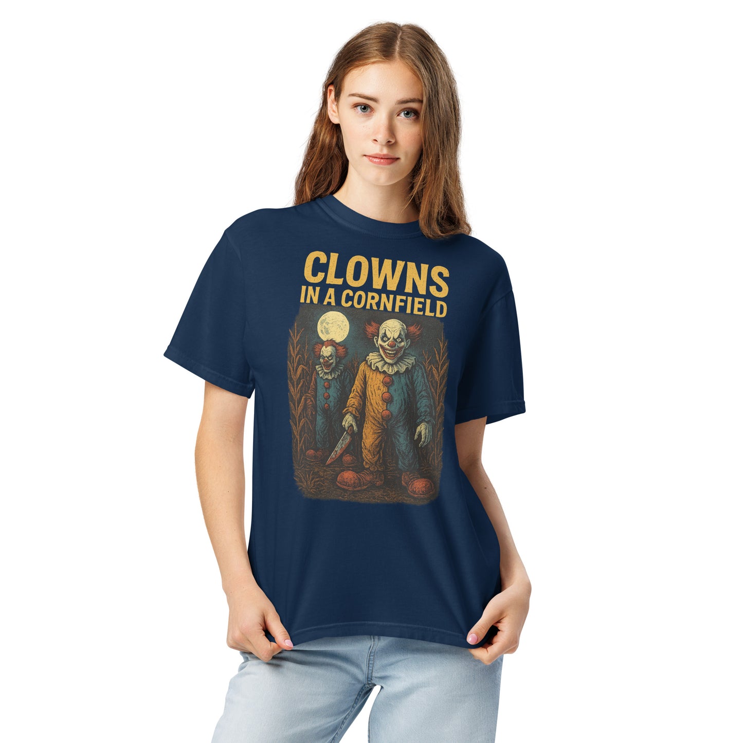 Clowns in a Cornfield Unisex garment-dyed heavyweight t-shirt  from Rare Plus Apparel – unique movie & pop culture inspired design.