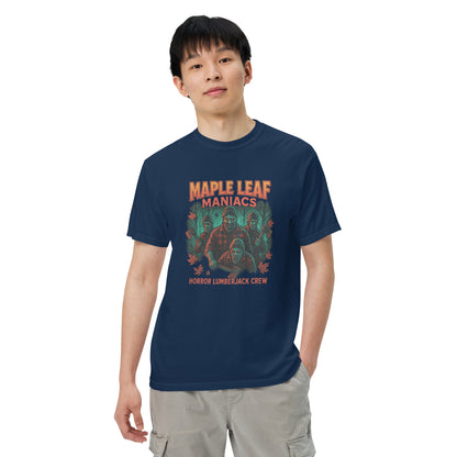 Maple Leaf Maniacs Horror Lumberjack Crew Unisex garment-dyed heavyweight t-shirt  from Rare Plus Apparel – unique movie & pop culture inspired design.