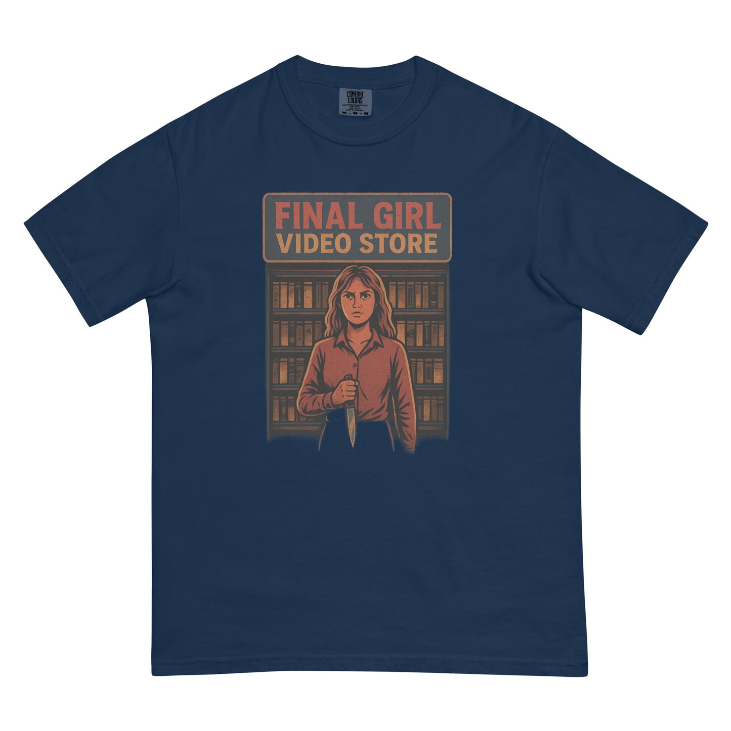 Final Girl Video Store Unisex garment-dyed heavyweight t-shirt  from Rare Plus Apparel – unique movie & pop culture inspired design.