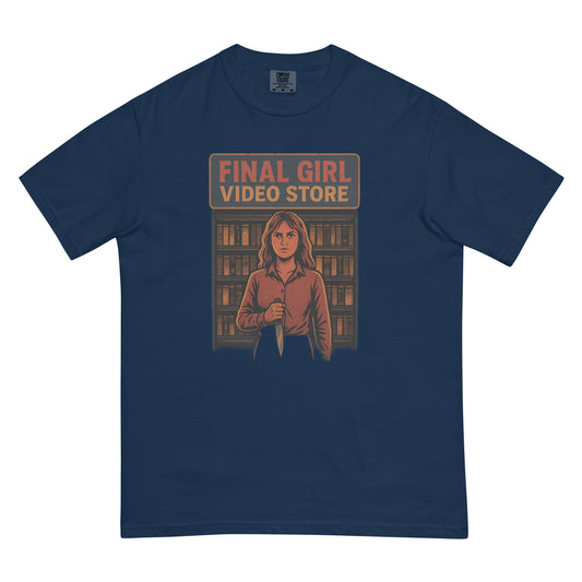 Final Girl Video Store Unisex garment-dyed heavyweight t-shirt  from Rare Plus Apparel – unique movie & pop culture inspired design.