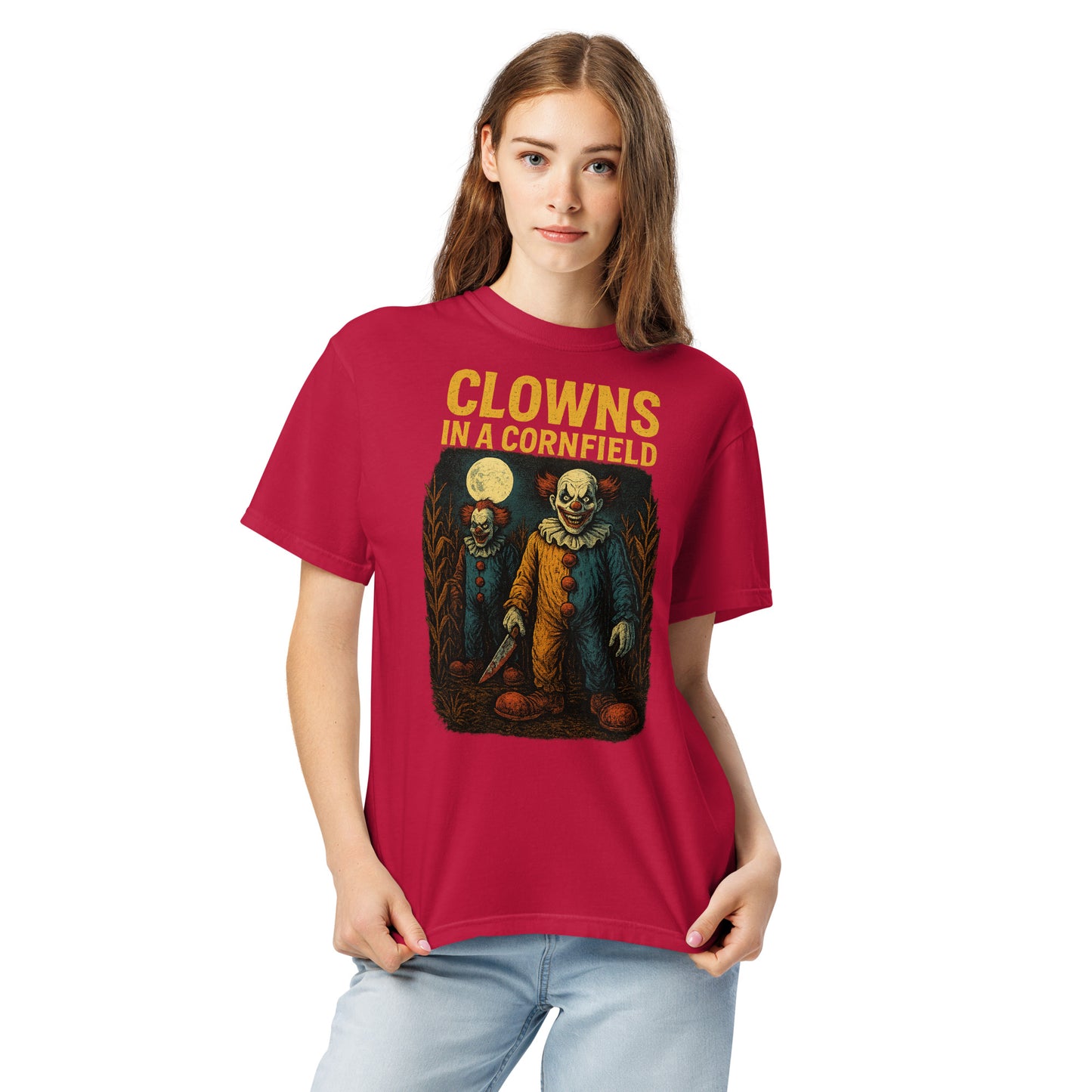 Clowns in a Cornfield Unisex garment-dyed heavyweight t-shirt  from Rare Plus Apparel – unique movie & pop culture inspired design.