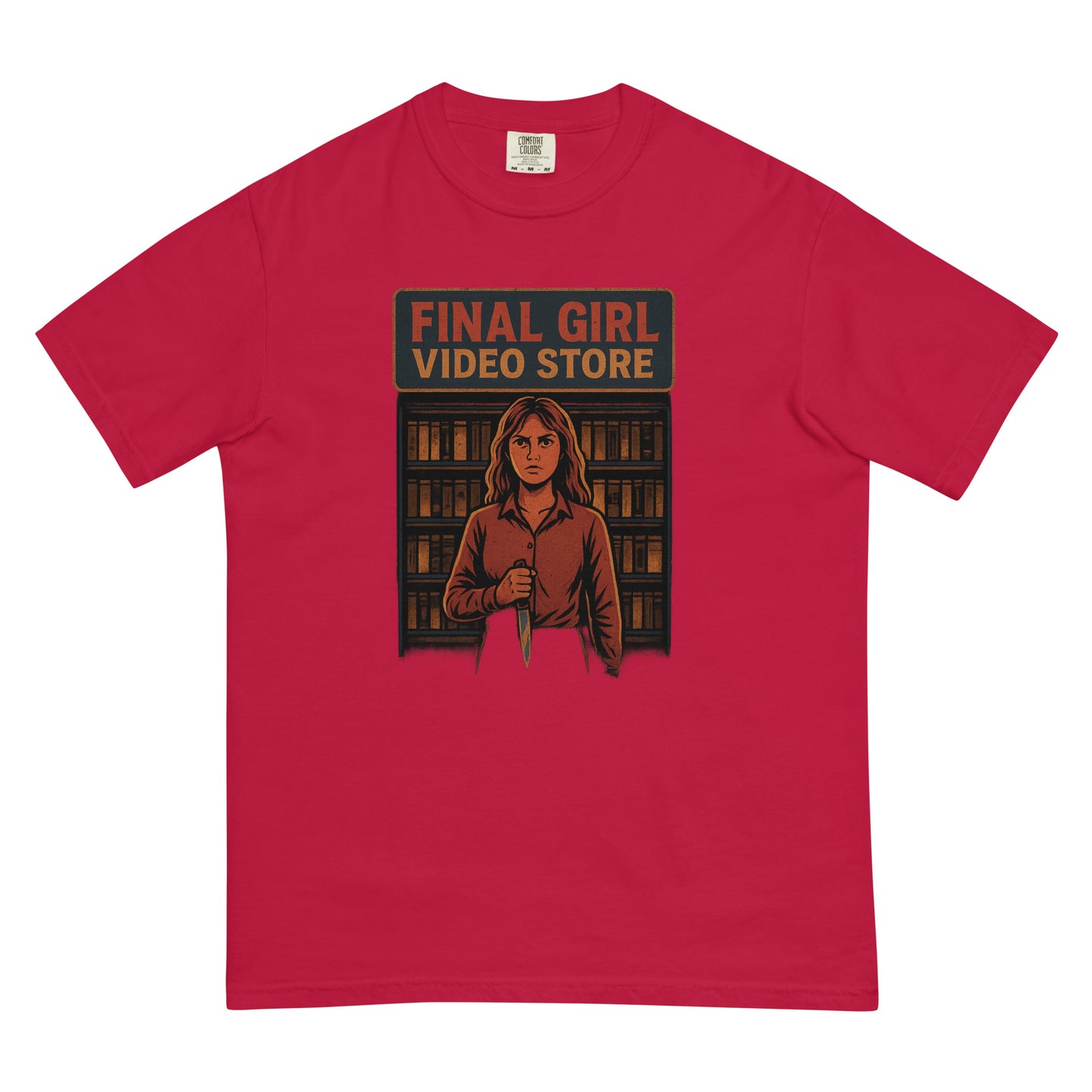 Final Girl Video Store Unisex garment-dyed heavyweight t-shirt  from Rare Plus Apparel – unique movie & pop culture inspired design.