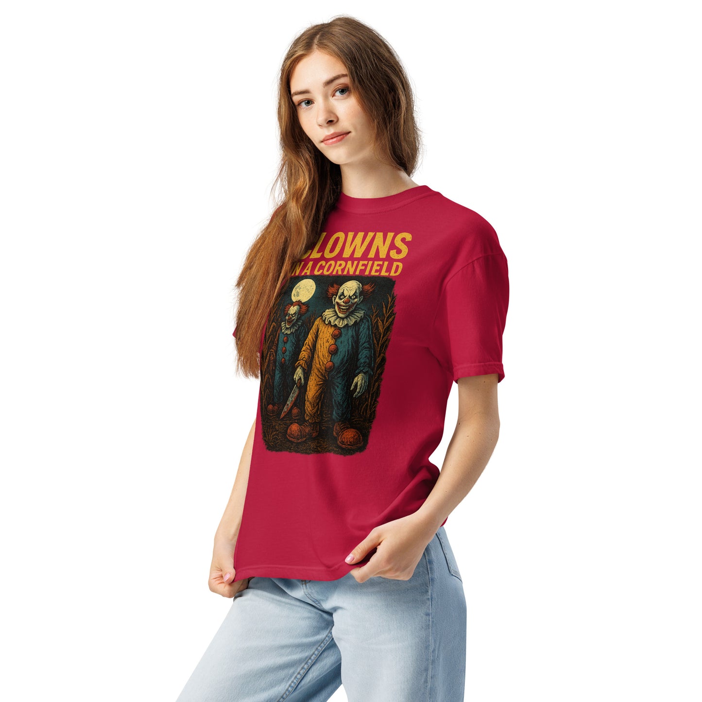 Clowns in a Cornfield Unisex garment-dyed heavyweight t-shirt  from Rare Plus Apparel – unique movie & pop culture inspired design.