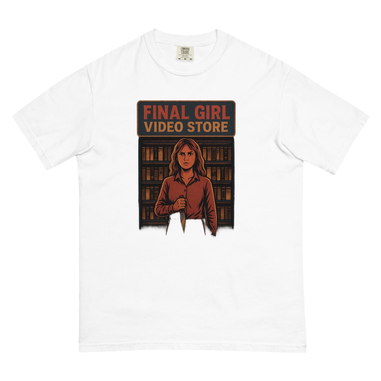 Final Girl Video Store Unisex garment-dyed heavyweight t-shirt  from Rare Plus Apparel – unique movie & pop culture inspired design.