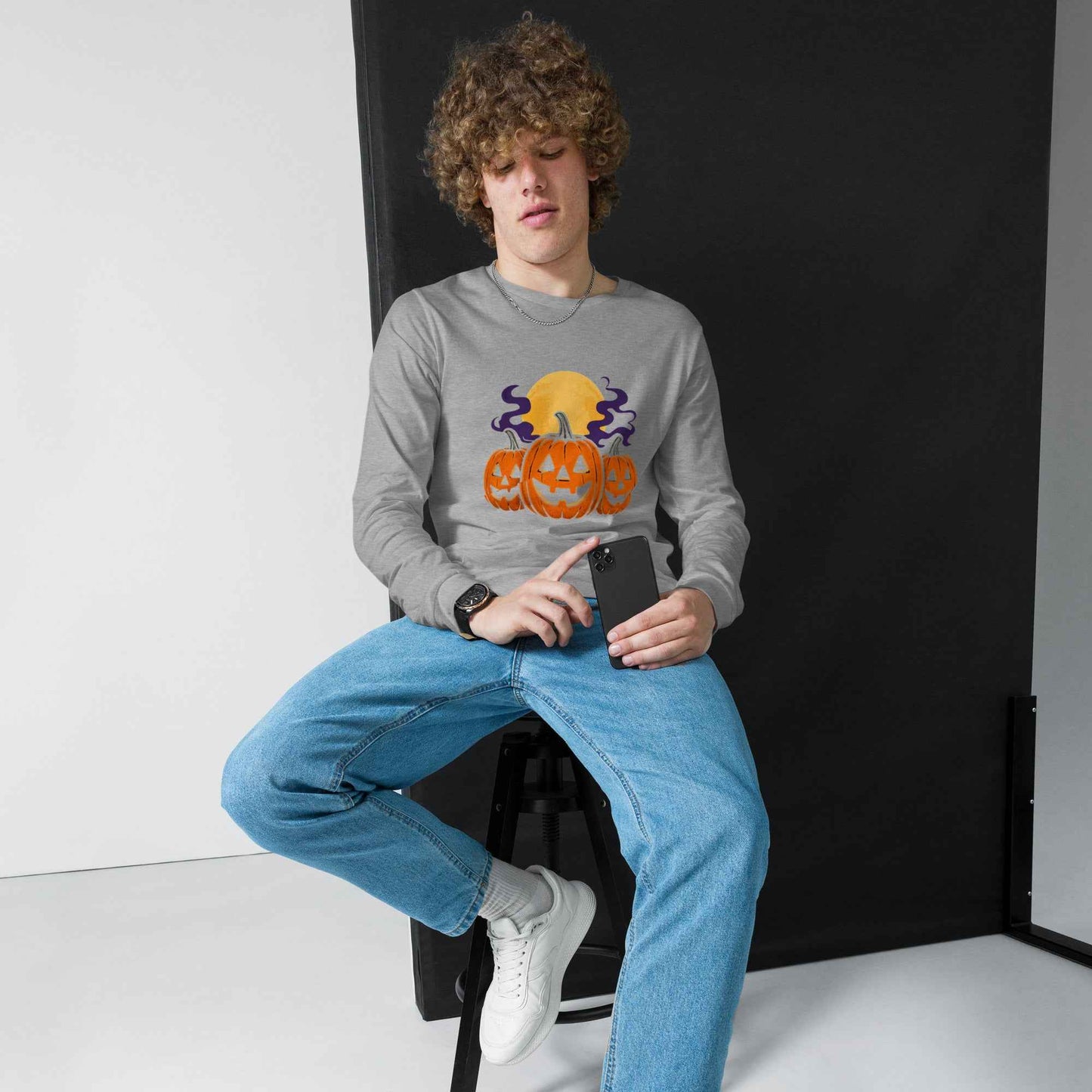 “Midnight Pumpkins” The Jack-O-Lantern Parade Unisex Long Sleeve Tee
