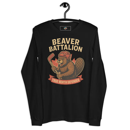 Beaver Battalion – True North Defender Unisex Long Sleeve Tee  from Rare Plus Apparel – unique movie & pop culture inspired design.