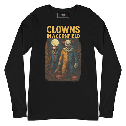 Clowns in a Cornfield Unisex Long Sleeve Tee  from Rare Plus Apparel – unique movie & pop culture inspired design.
