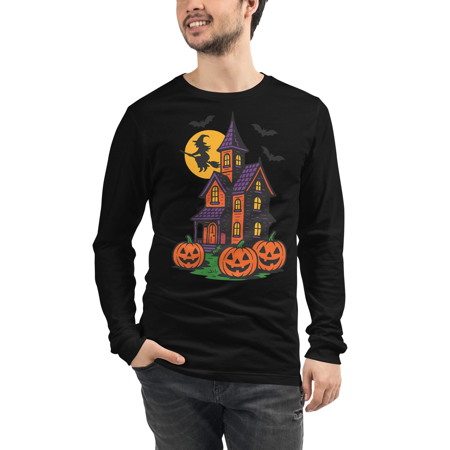 Haunted Halloween House Unisex Long Sleeve Tee  from Rare Plus Apparel – unique movie & pop culture inspired design.