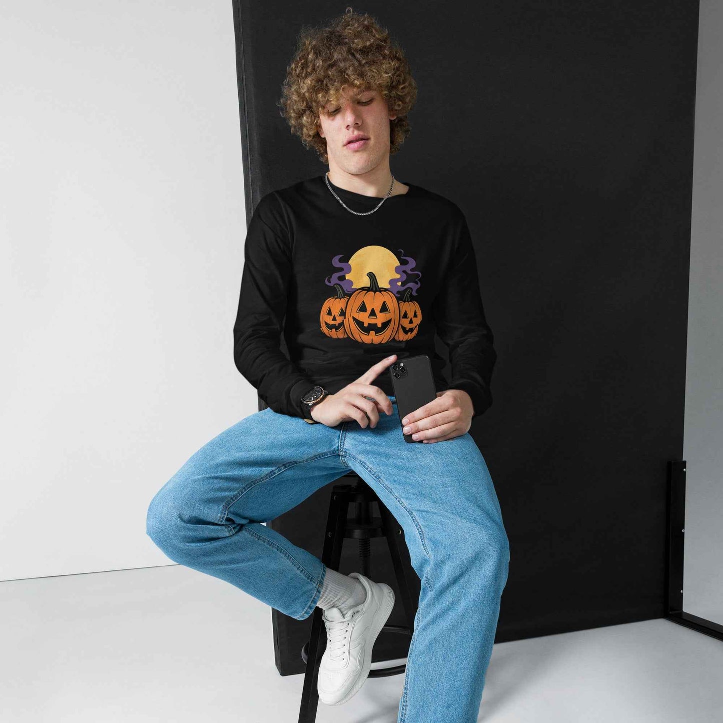“Midnight Pumpkins” The Jack-O-Lantern Parade Unisex Long Sleeve Tee