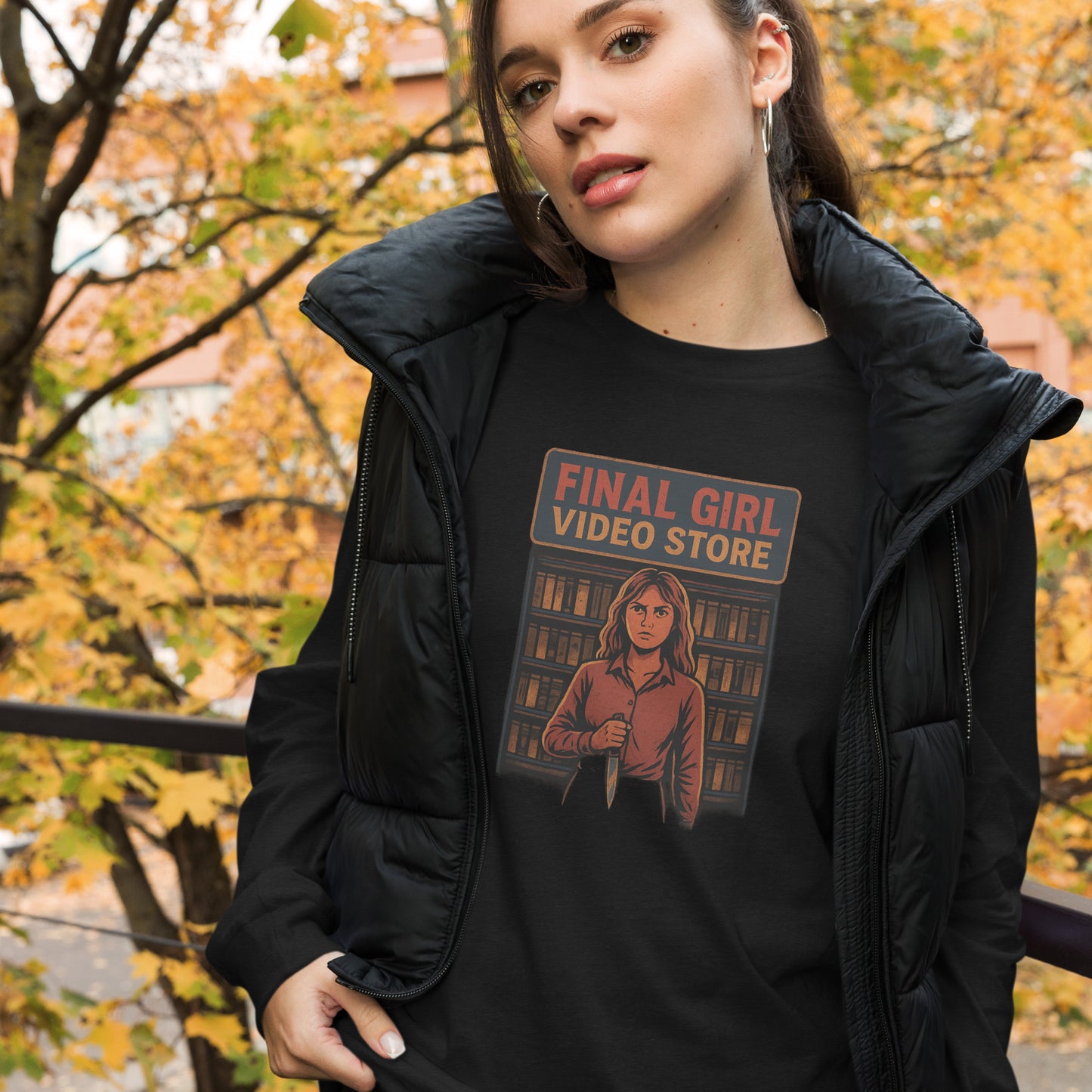 Final Girl Video Store Unisex Long Sleeve Tee  from Rare Plus Apparel – unique movie & pop culture inspired design.