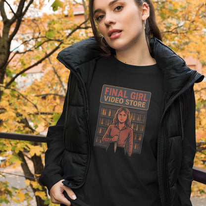 Final Girl Video Store Unisex Long Sleeve Tee  from Rare Plus Apparel – unique movie & pop culture inspired design.