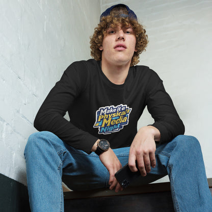 Make it a Physical Media Night Unisex Long Sleeve Tee  from Rare Plus Apparel – unique movie & pop culture inspired design.