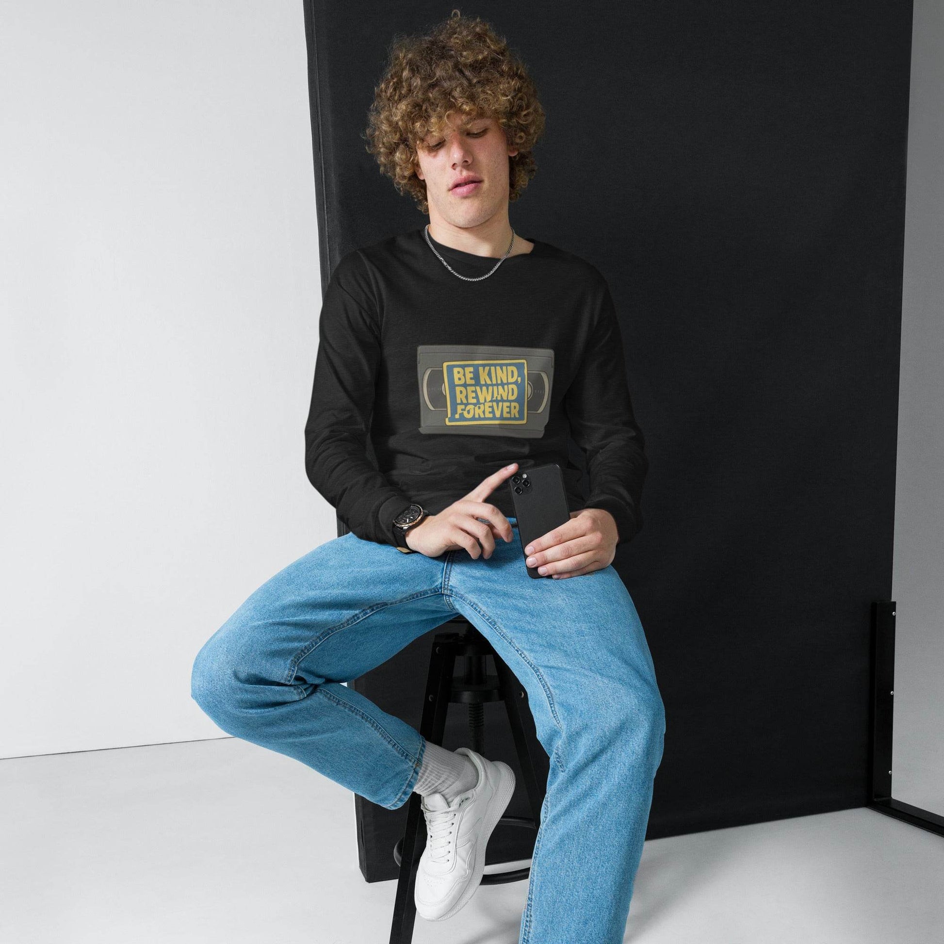 Be Kind, Rewind Forever Unisex Long Sleeve Tee  from Rare Plus Apparel – unique movie & pop culture inspired design.