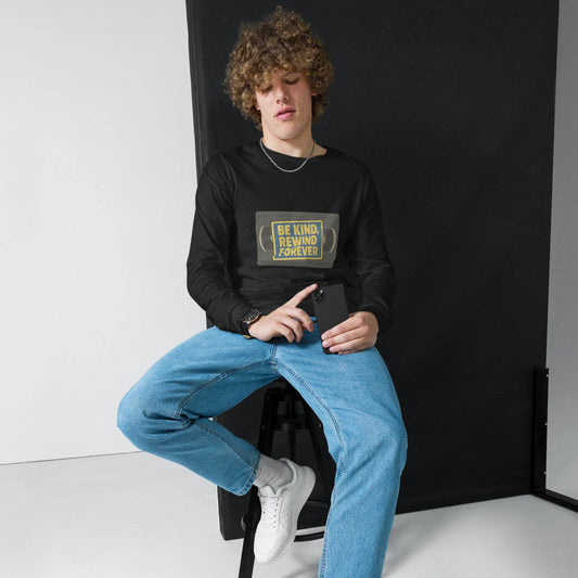 Be Kind, Rewind Forever Unisex Long Sleeve Tee  from Rare Plus Apparel – unique movie & pop culture inspired design.