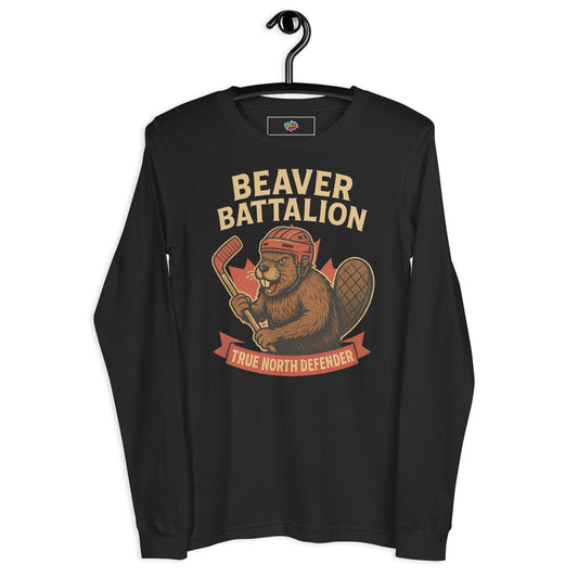 Beaver Battalion – True North Defender Unisex Long Sleeve Tee  from Rare Plus Apparel – unique movie & pop culture inspired design.