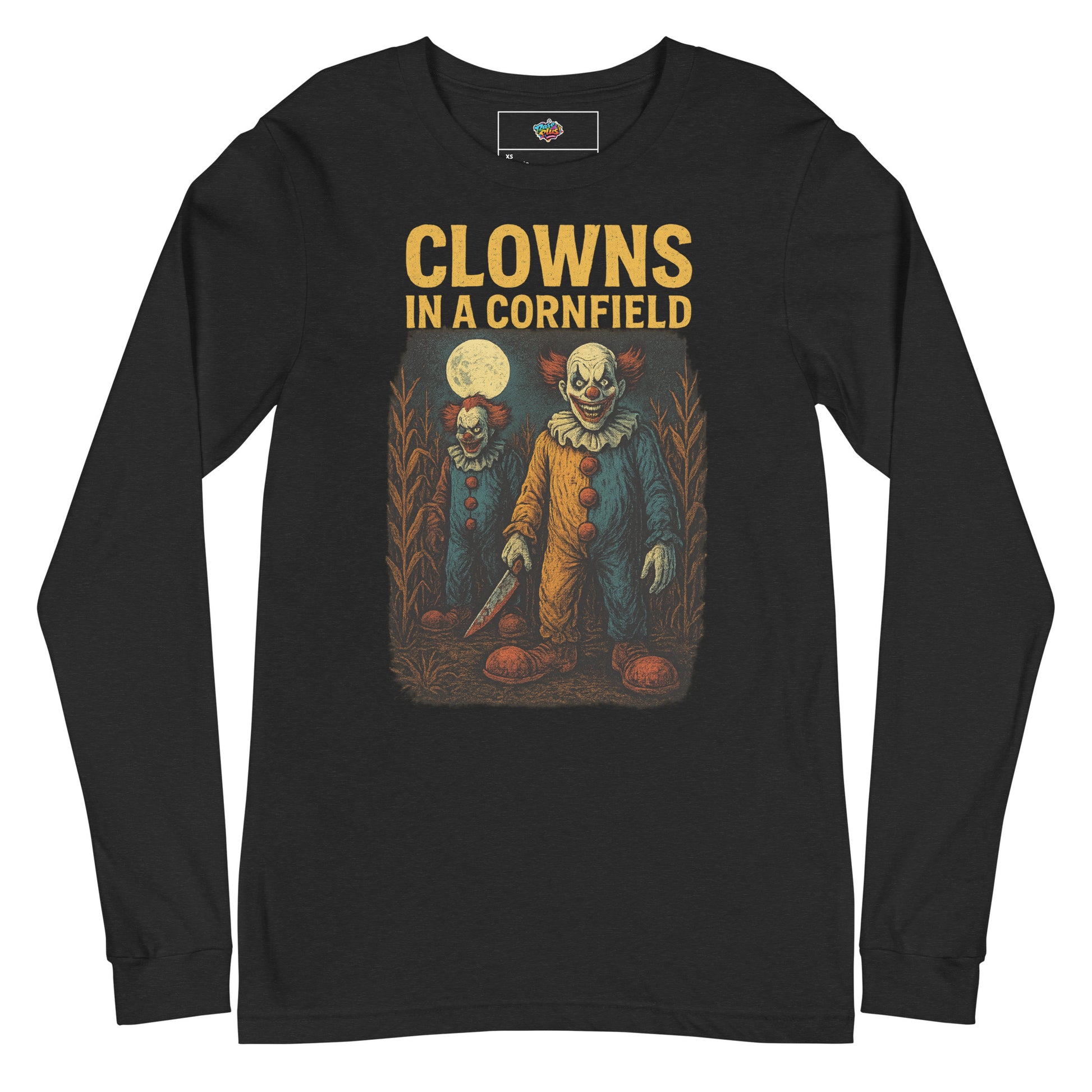 Clowns in a Cornfield Unisex Long Sleeve Tee  from Rare Plus Apparel – unique movie & pop culture inspired design.