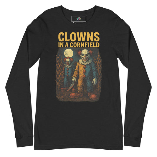 Clowns in a Cornfield Unisex Long Sleeve Tee  from Rare Plus Apparel – unique movie & pop culture inspired design.