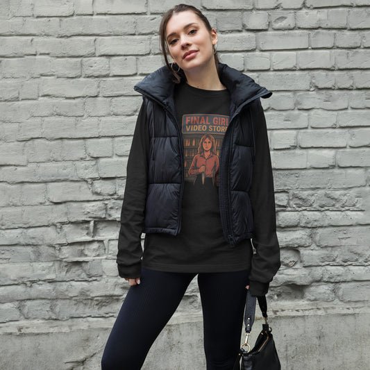 Final Girl Video Store Unisex Long Sleeve Tee  from Rare Plus Apparel – unique movie & pop culture inspired design.
