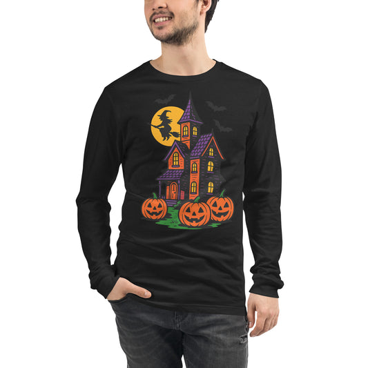 Haunted Halloween House Unisex Long Sleeve Tee  from Rare Plus Apparel – unique movie & pop culture inspired design.