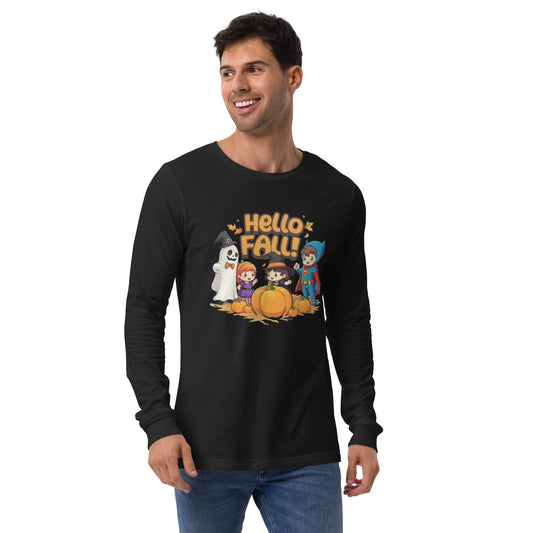 Hello Fall Unisex Long Sleeve Tee  from Rare Plus Apparel – unique movie & pop culture inspired design.