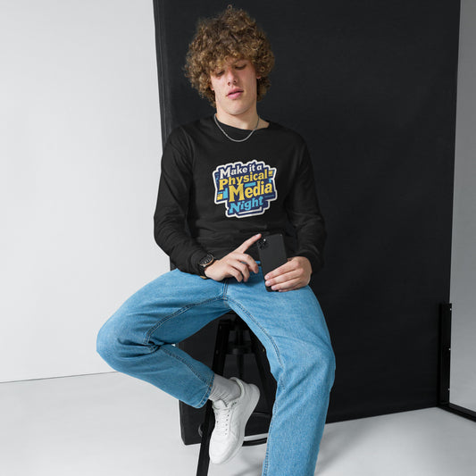 Make it a Physical Media Night Unisex Long Sleeve Tee  from Rare Plus Apparel – unique movie & pop culture inspired design.